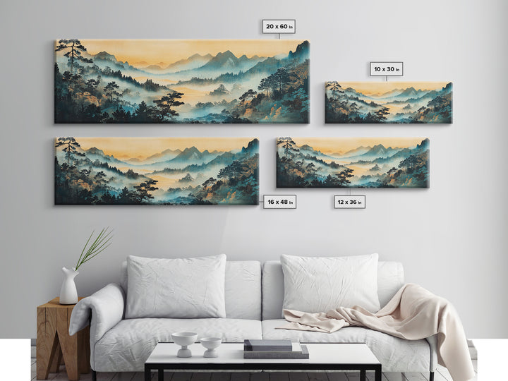 Misty Blue Mountain Valley Canvas Print, Asian Landscape Wall Art, Panoramic Nature Print, Japandi Living Room Decor, Housewarming Gift