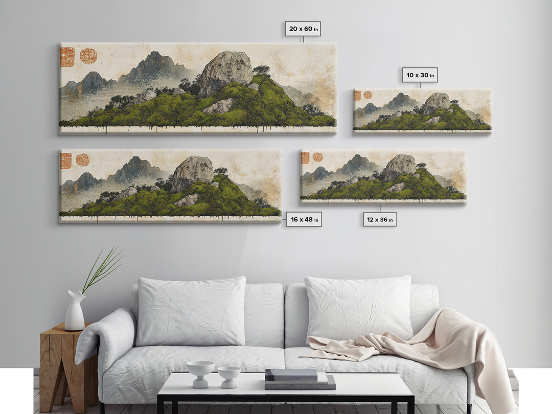 Green Moss Island With Ink Mountains Wall Art, Asian Landscape Print, Chinese Brush Style, Zen Home Decor, Office Wall Art