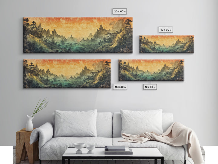Mystical Mountain Valley At Sunset Canvas Print, Asian Landscape Wall Art, Moody Nature Decor, Panoramic Living Room Art