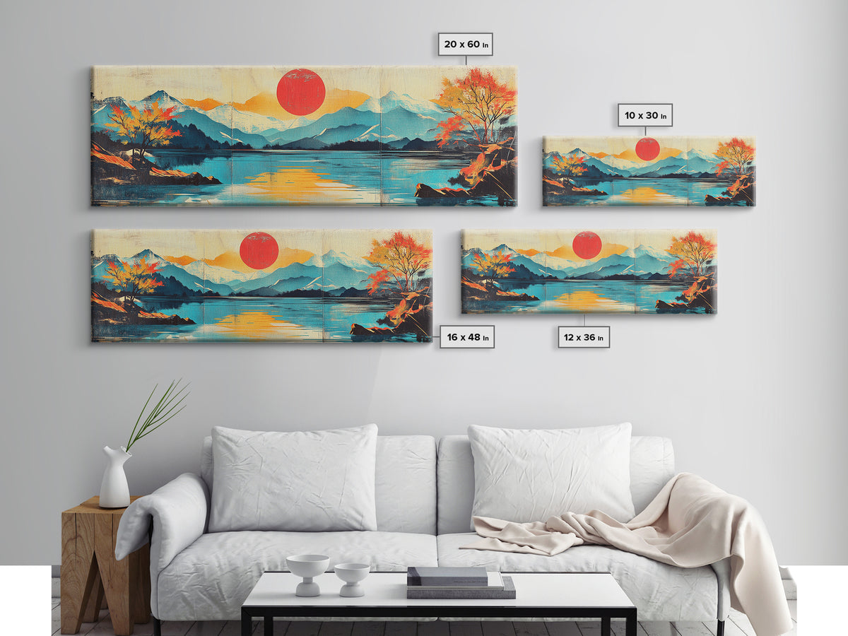 Red Sun Over Mountain Lake Framed Canvas Print, Japanese Landscape Wall Art, Autumn Nature Decor, Large Panoramic Print, Housewarming Gift
