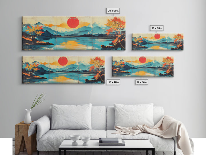 Red Sun Over Mountain Lake Framed Canvas Print, Japanese Landscape Wall Art, Autumn Nature Decor, Large Panoramic Print, Housewarming Gift