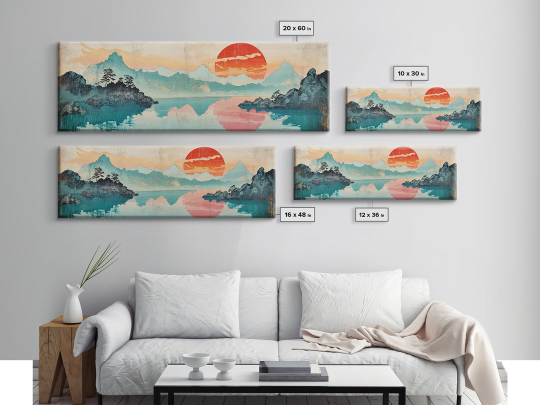 Coral Sun Over Teal Mountain Lake Wall Art, Japanese Landscape Print, Coastal Japandi Decor, Serene Bedroom Wall Art Print