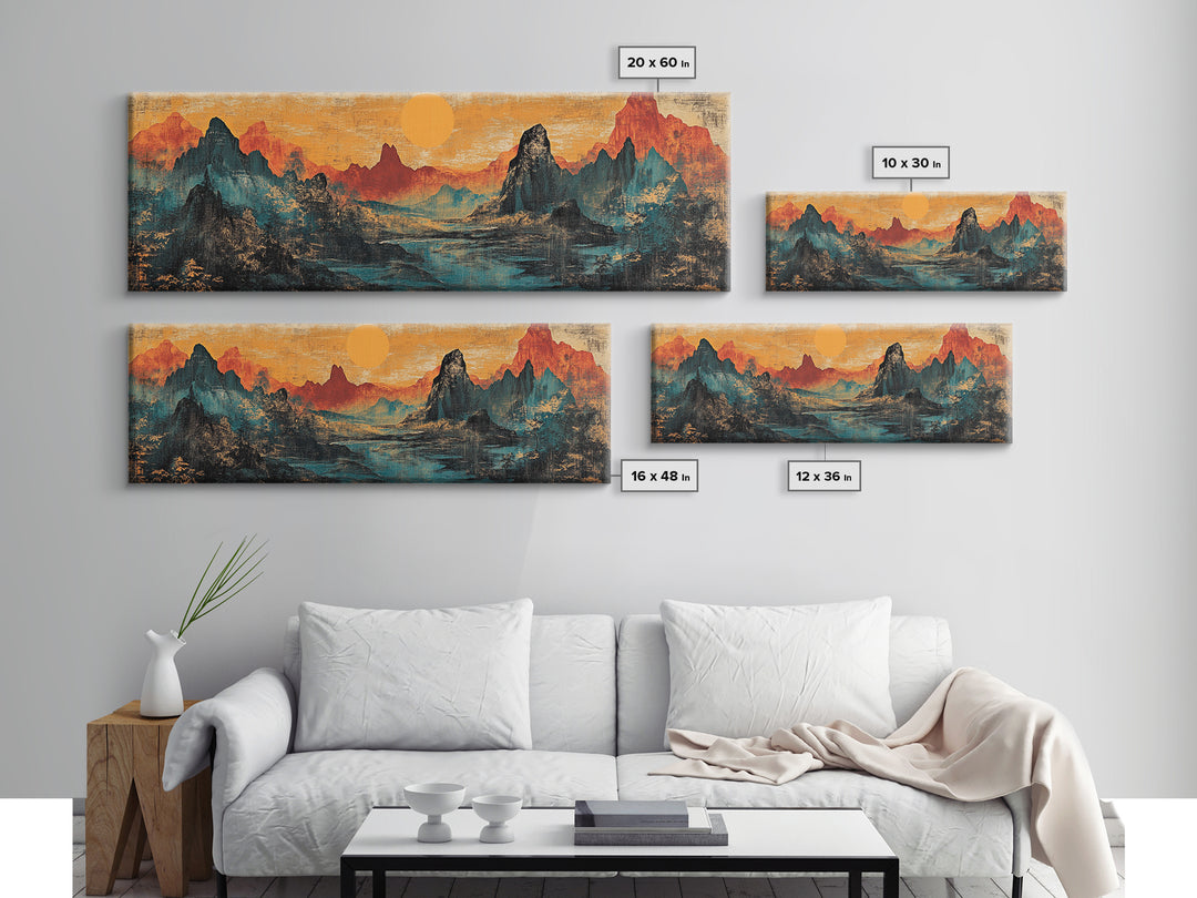 Orange Sun Over Dramatic Mountain Range Canvas Print, Asian Landscape Wall Art, Rustic Desert Decor, Statement Wall Art For Office Decor