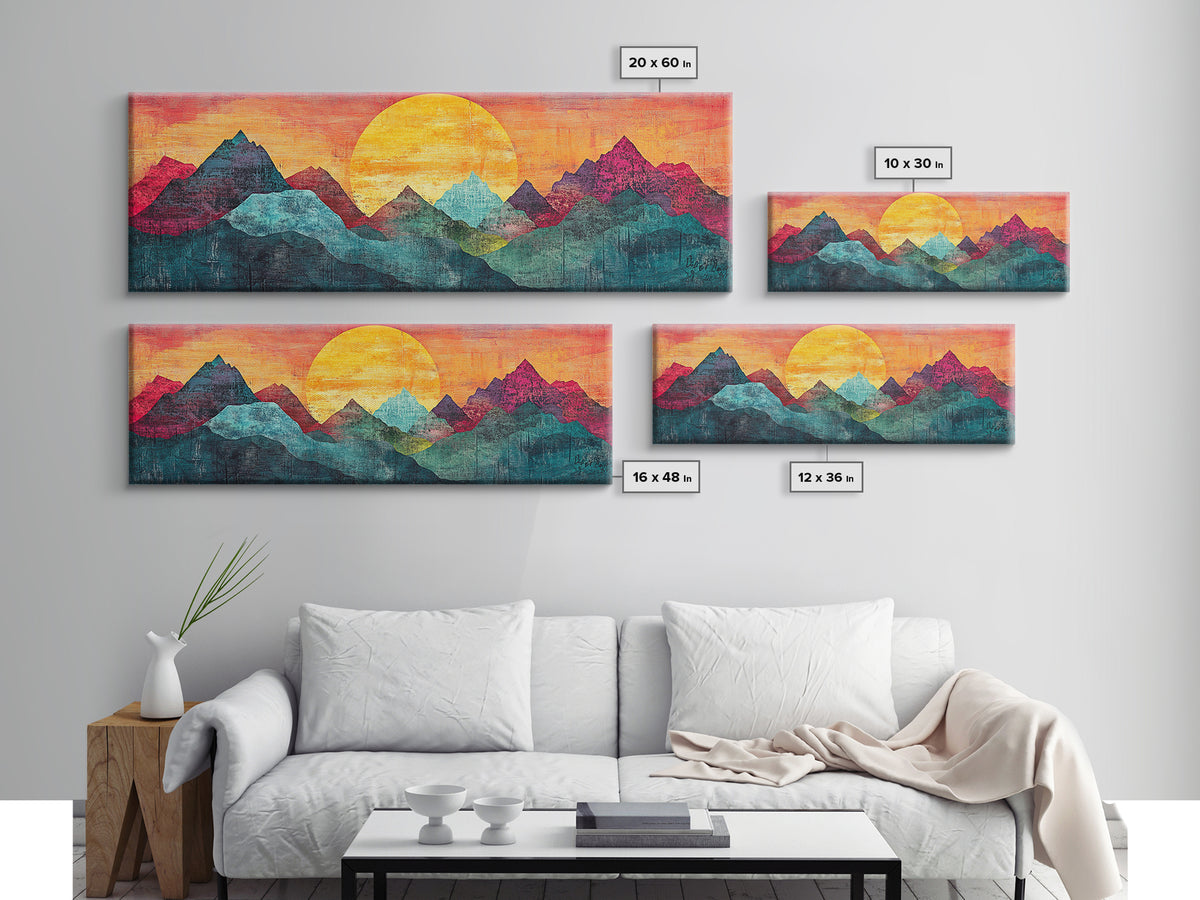 Geometric Mountain Sunrise With Teal And Magenta Peaks Wall Art, Mid Century Modern Canvas Print, Colorful Landscape Decor