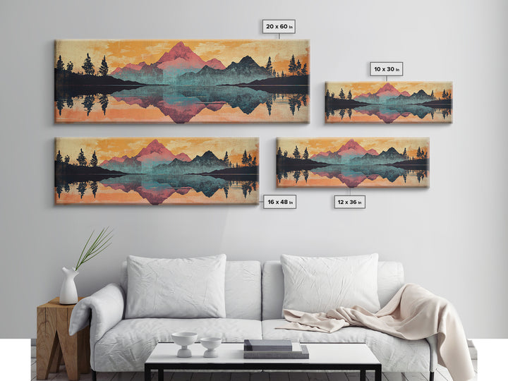 Mountain Lake Reflection With Pine Forest Sunset Wall Art, Framed Canvas Print, Nature Landscape, Rustic Cabin Decor, Lake House