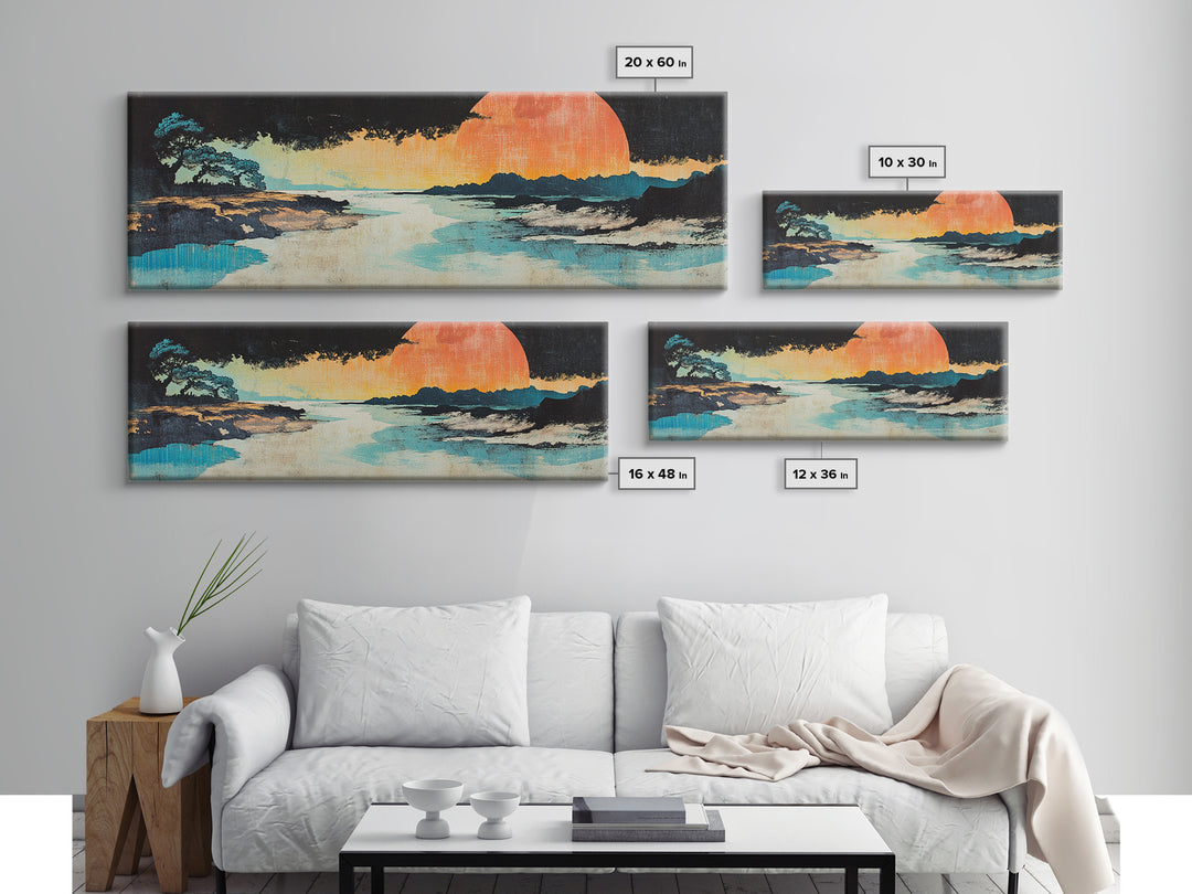 Serene Coastal Sunset With Lone Tree And Blue Shore Wall Art, Japanese Canvas Print, Zen Landscape, Beach House Decor, Spa Decor