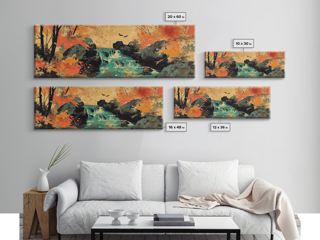 Autumn Forest Stream With Waterfall And Birds Wall Art, Framed Canvas Print, Rustic Landscape Art, Cozy Cabin Decor, Nature
