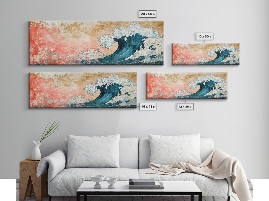 Crashing Blue Wave With Pink Coral Sky Wall Art, Framed Canvas Print, Coastal Seascape, Ocean Wall Decor, Beach House Decor