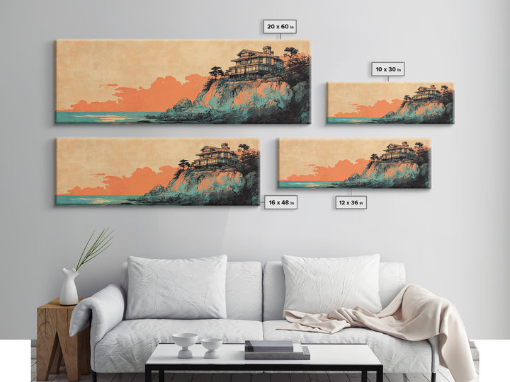 Japanese Cliffside House At Sunset Wall Art, Panoramic Canvas Print, Coastal Decor, Asian Inspired Living Room Decor Art Print