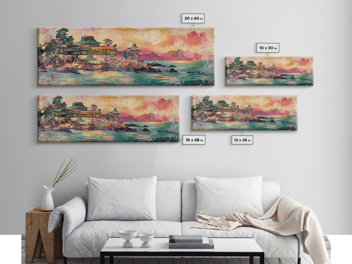 Japanese Palace On Turquoise Coast Wall Art, Panoramic Canvas Print, Asian Landscape Art For Japandi Living Room Decor Print