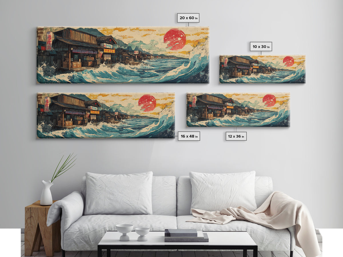 Japanese Seaside Village With Red Sun Wall Art, Panoramic Canvas Print, Ocean Wave Decor, Coastal Kitchen Art Print Home Decor