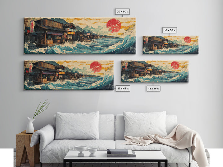 Japanese Seaside Village With Red Sun Wall Art, Panoramic Canvas Print, Ocean Wave Decor, Coastal Kitchen Art Print Home Decor