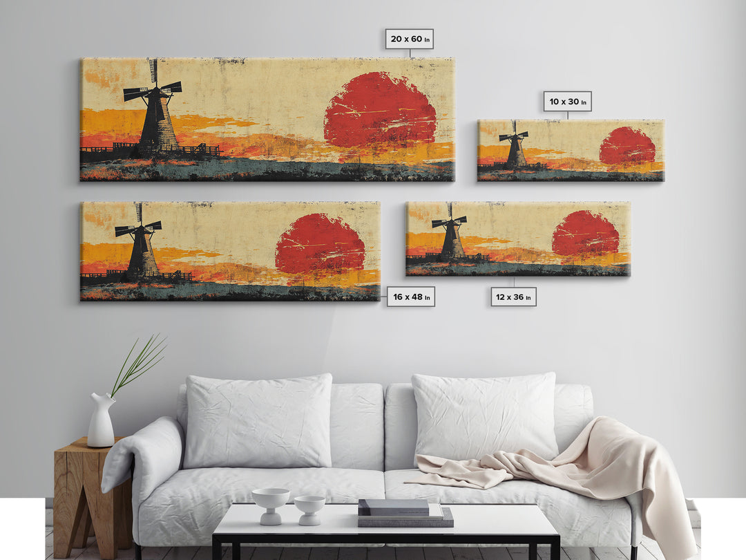 Rustic Windmill And Red Sun Landscape Wall Art, Panoramic Canvas Print, Farmhouse Decor, Western Living Room Art Home Decor