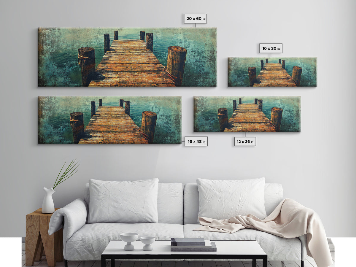 Weathered Wooden Dock Over Teal Water Wall Art, Panoramic Canvas Print, Lake House Decor, Nautical Living Room Art Coastal Decor