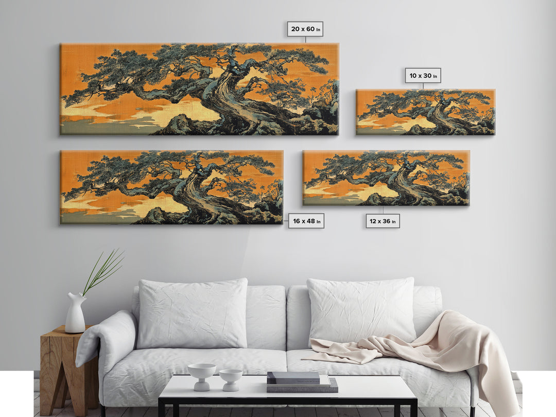 Twisted Japanese Pine Tree Landscape Wall Art, Panoramic Canvas Print, Japandi Decor, Nature Wall Decor, Office Art Print