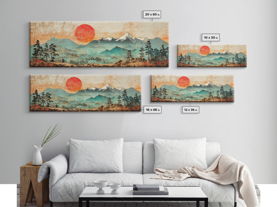 Red Sun Over Snowy Mountains And Pines Wall Art, Panoramic Canvas Print, Rustic Nature Decor, Large Landscape Art Home Decor