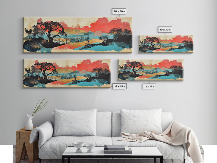 Coral Sky Abstract River Trees Wall Art, Japanese Landscape Print, Panoramic Canvas, Modern Asian Living Room Decor, Home Decor