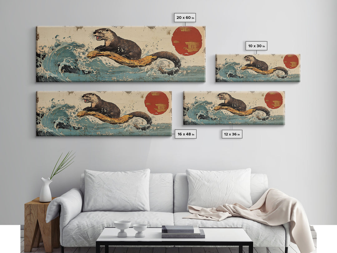 Playful Otter Riding Ocean Wave Wall Art, Japanese Animal Print, Panoramic Canvas, Coastal Bathroom Decor, Wildlife Gift For Her