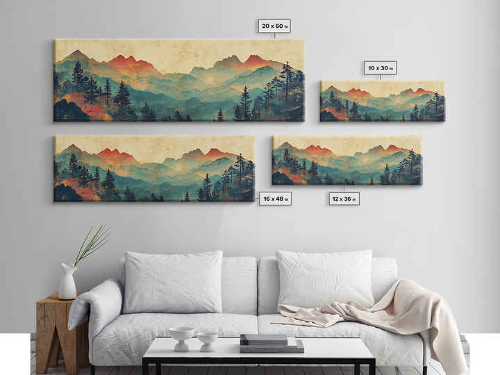 Layered Blue Mountain Forest Wall Art, Panoramic Canvas Print, Nature Landscape, Rustic Cabin Living Room Decor, Above Sofa Decor