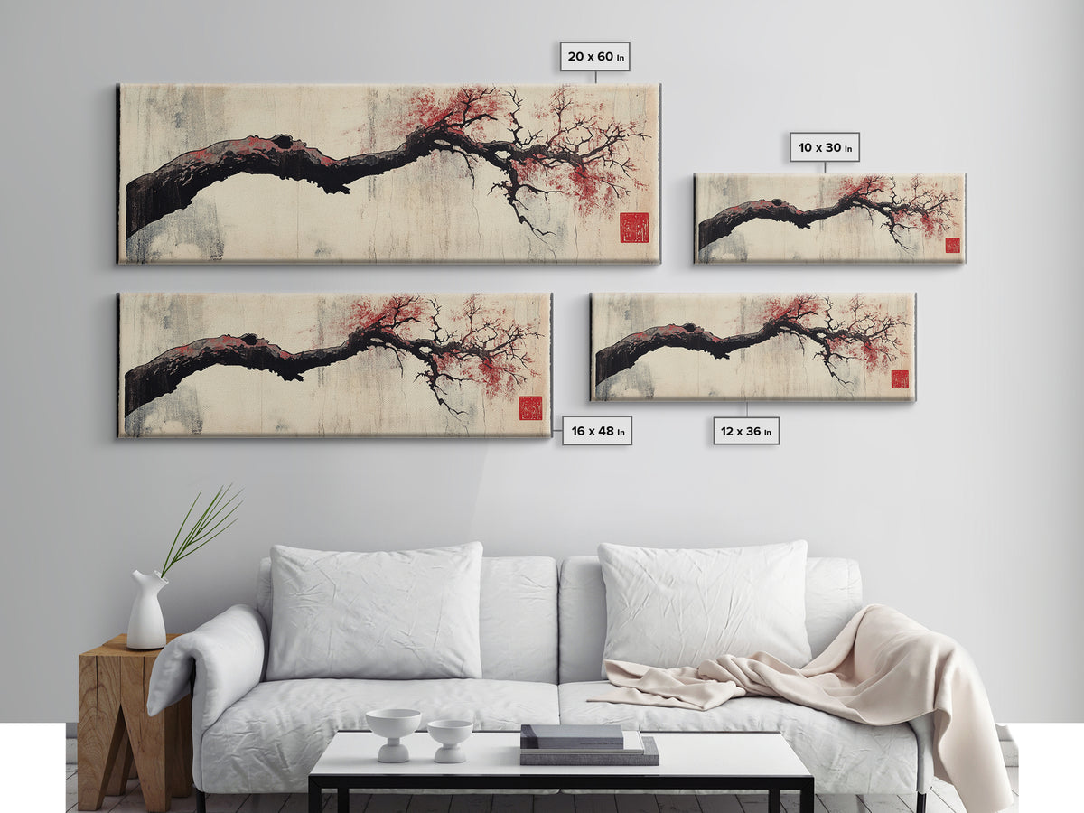 Minimal Black Branch With Red Blossoms Wall Art, Japanese Botanical Canvas Print, Wabi Sabi Neutral Home Decor, Above Bed Art