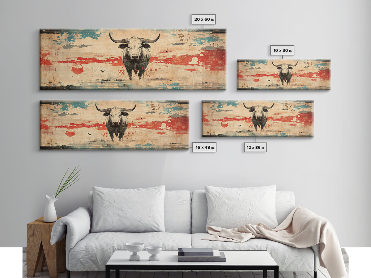 Longhorn Bull Rustic Southwest Wall Art, Western Ranch Canvas Print, Cowboy Home Decor, Desert Landscape, Gift For Him, Man Cave Decor