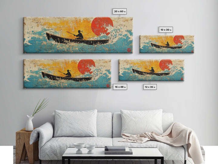 Canoe Silhouette Red Sun Canvas Print, Japanese Lake Wall Art, Retro Coastal Home Decor, Boho Living Room, Gift For Her, Art Print