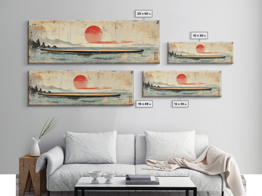 Red Sun Seascape Minimalist Wall Art, Japanese Coastal Canvas Print, Neutral Beach House Decor, Living Room Art Print, Zen Home Decor
