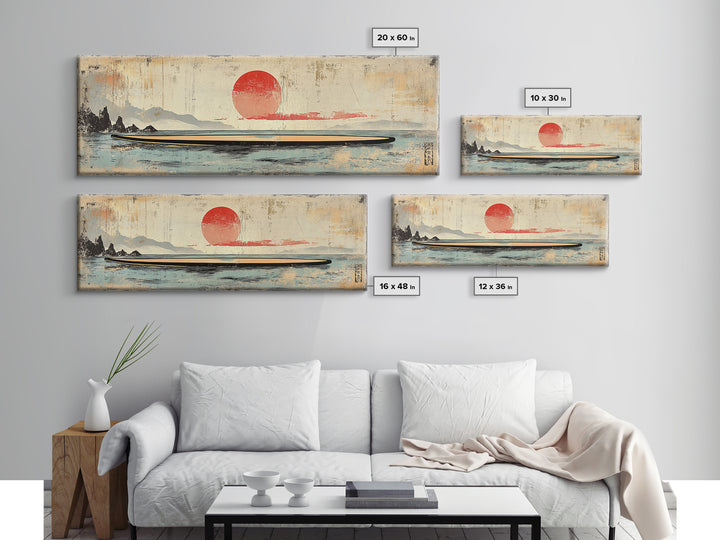 Red Sun Seascape Minimalist Wall Art, Japanese Coastal Canvas Print, Neutral Beach House Decor, Living Room Art Print, Zen Home Decor
