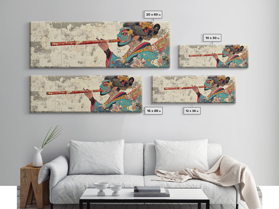 Japanese Geisha Flute Portrait Framed Canvas Print, Asian Wall Art, Kimono Woman Decor, Japandi Home Decor, Gift For Her