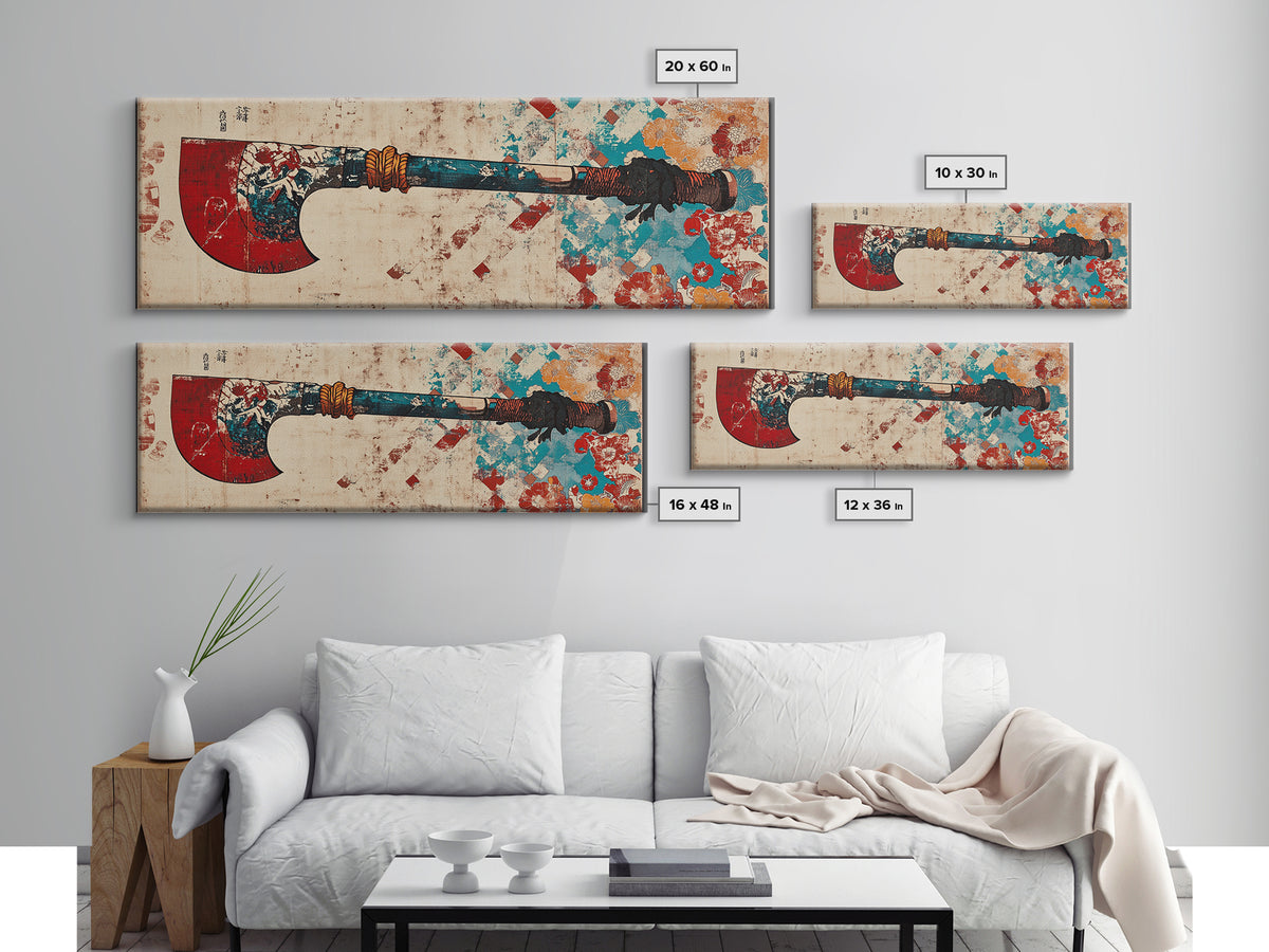 Red Blade Tribal Axe Wall Art, Grunge Weapon Illustration, Rustic Man Cave Decor, Bold African Inspired Canvas Print, Office Decor