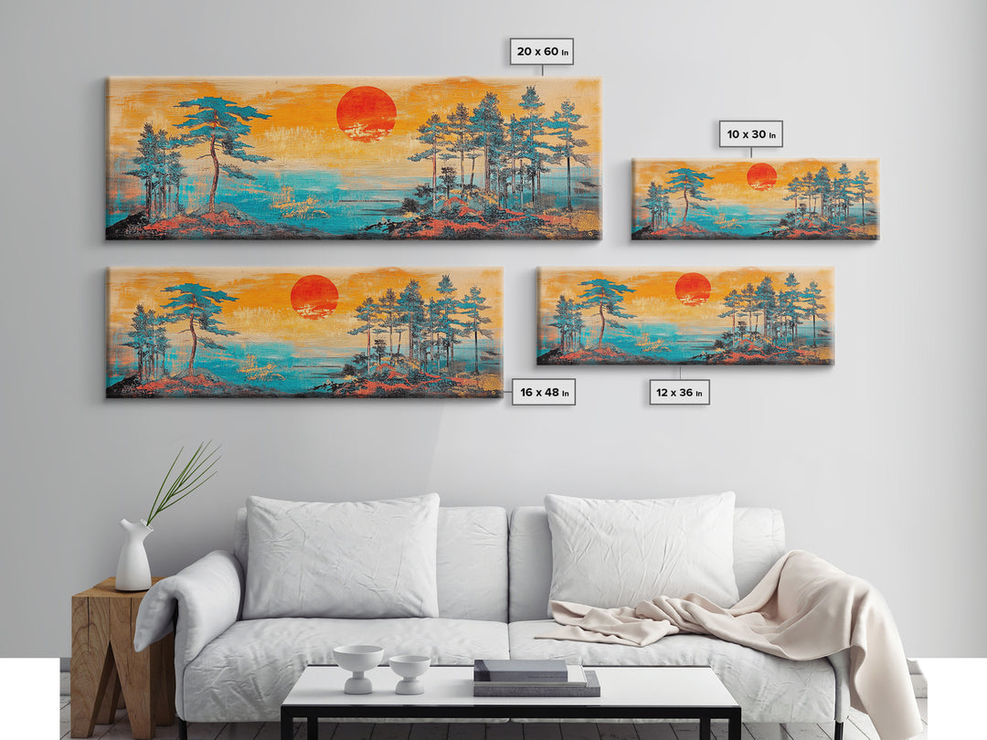 Red Sun Pine Island Wall Art, Japanese Coastal Landscape, Serene Ocean Decor, Long Horizontal Framed Canvas Print, Living Room Art