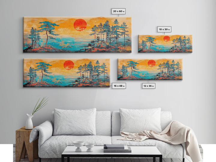 Red Sun Pine Island Wall Art, Japanese Coastal Landscape, Serene Ocean Decor, Long Horizontal Framed Canvas Print, Living Room Art