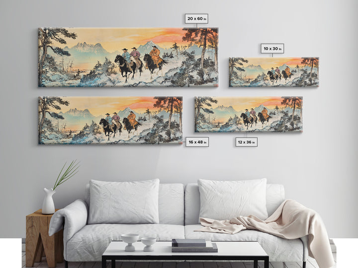 Two Cowboys Snowy Mountain Wall Art, Western Horse Landscape Painting, Rustic Cabin Decor, Large Framed Canvas Print, Gift For Him