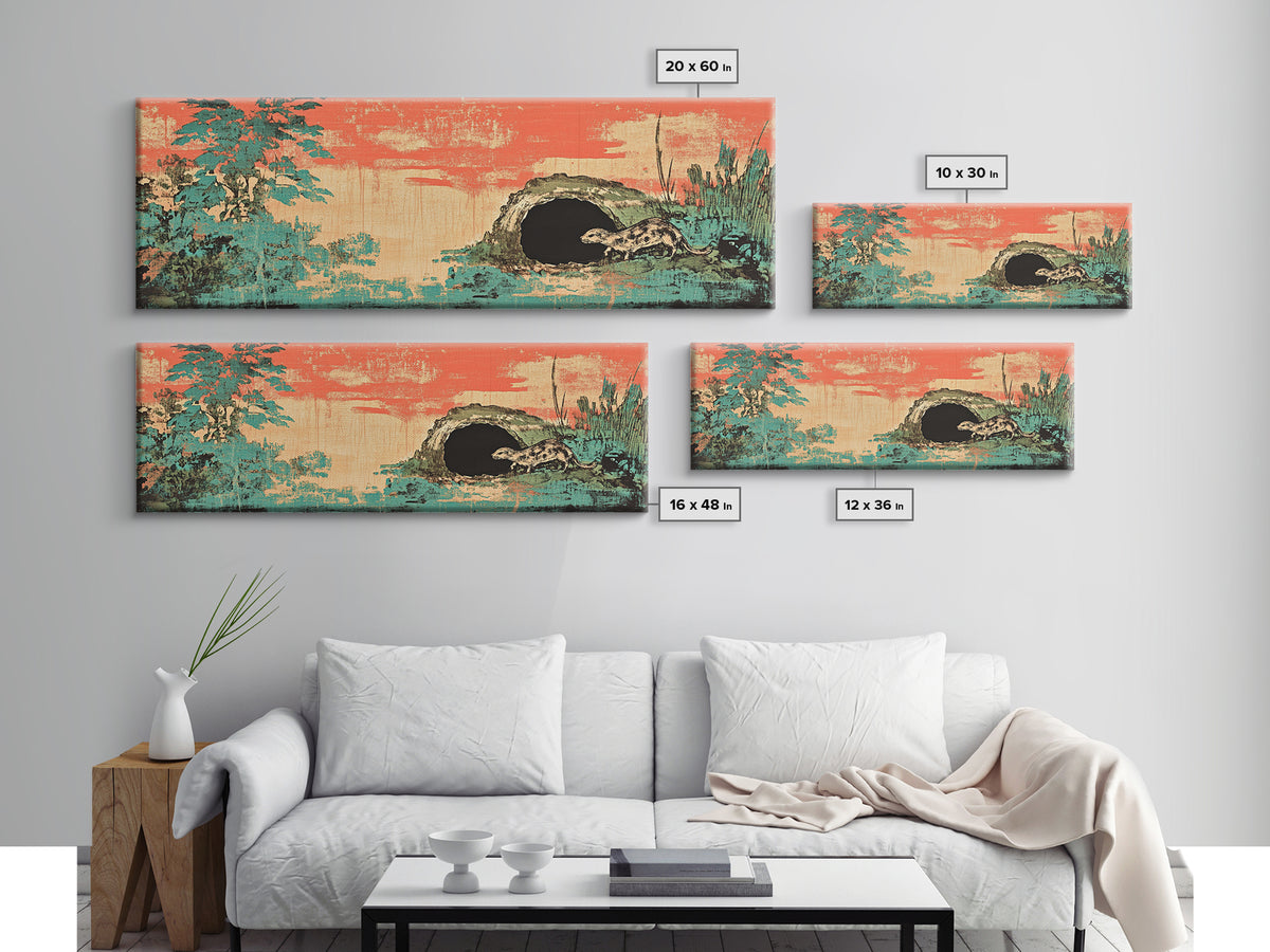 Teal Pine Forest And Moonlit Cave Wall Art, Japanese Landscape Print, Japandi Decor, Panoramic Canvas, Nature Home Decor