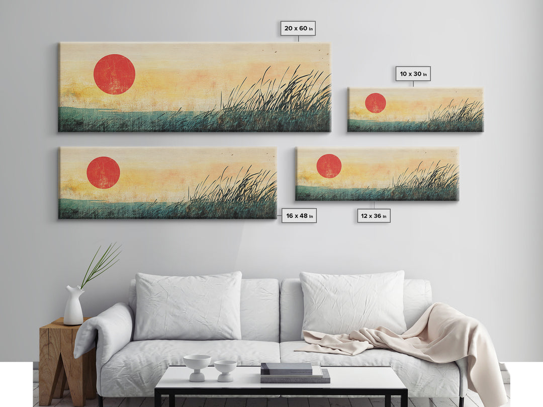 Red Sun Marsh Grass Wall Art, Minimalist Japanese Landscape Print, Zen Nature Decor, Horizontal Canvas, Calming Living Room Decor