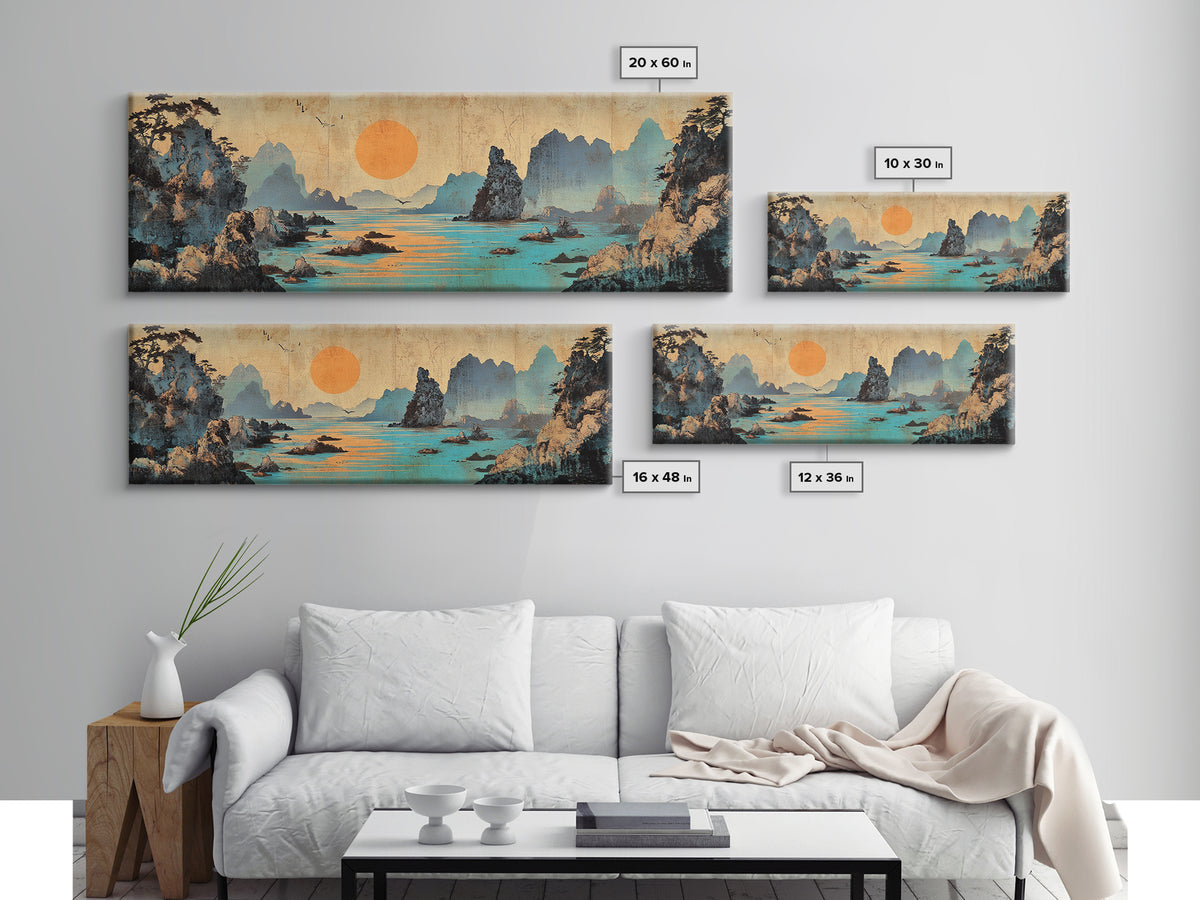 Turquoise Karst Bay Sunset Wall Art, Asian Landscape Print, Japanese Wall Decor, Zen Coastal Art, Panoramic Canvas Print