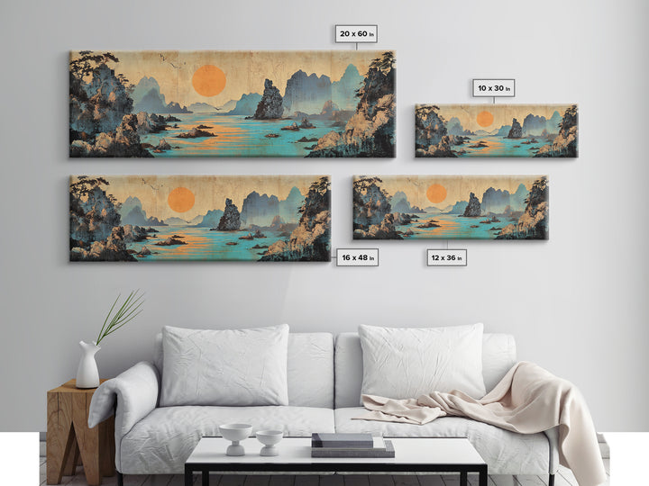 Turquoise Karst Bay Sunset Wall Art, Asian Landscape Print, Japanese Wall Decor, Zen Coastal Art, Panoramic Canvas Print