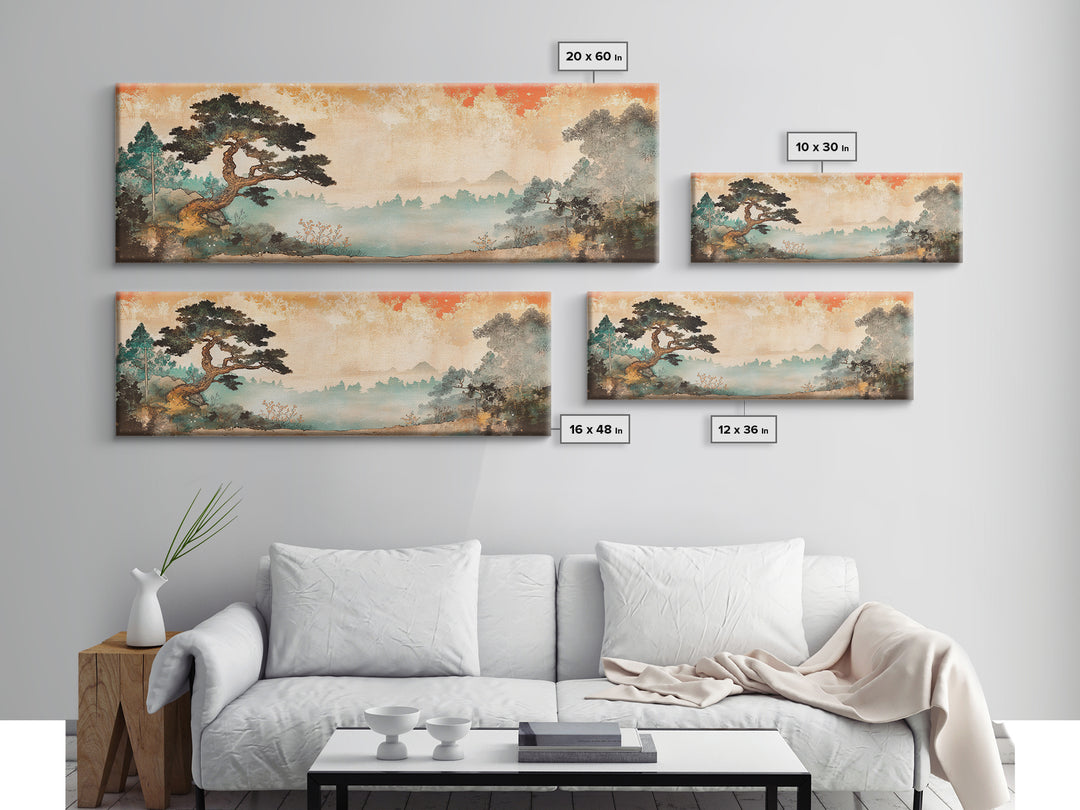 Misty Pine Tree Mountain Wall Art, Japanese Landscape Print, Japandi Wall Decor, Serene Nature Art, Large Horizontal Canvas
