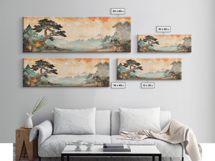 Misty Pine Tree Mountain Wall Art, Japanese Landscape Print, Japandi Wall Decor, Serene Nature Art, Large Horizontal Canvas