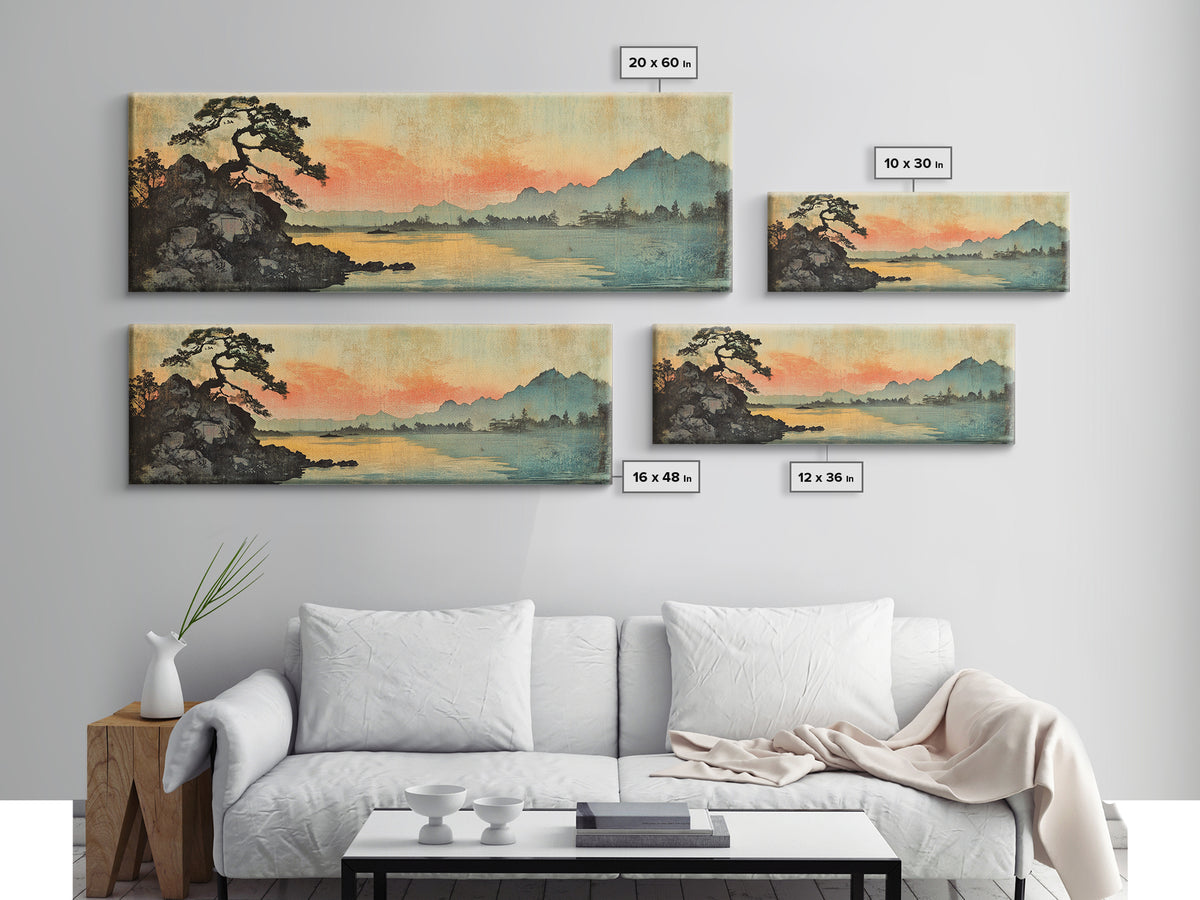 Japanese Lake Sunset With Lone Pine Wall Art, Panoramic Landscape Print, Japandi Decor, Serene Living Room Wall Decor, Home Decor