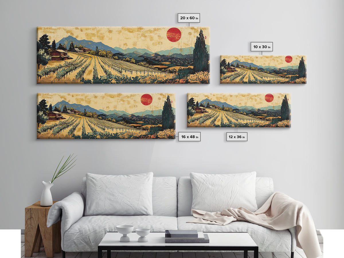 Tuscan Vineyard Rows And Red Sun Canvas Print, Wine Country Landscape Wall Art, Rustic Kitchen Decor, Housewarming Gift Idea