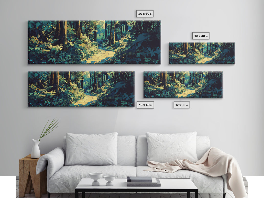 Sunlit Forest Path Through Ferns Wall Art, Nature Landscape Canvas Print, Woodland Decor, Calming Living Room Wall Art Print