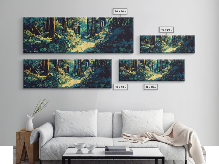 Sunlit Forest Path Through Ferns Wall Art, Nature Landscape Canvas Print, Woodland Decor, Calming Living Room Wall Art Print