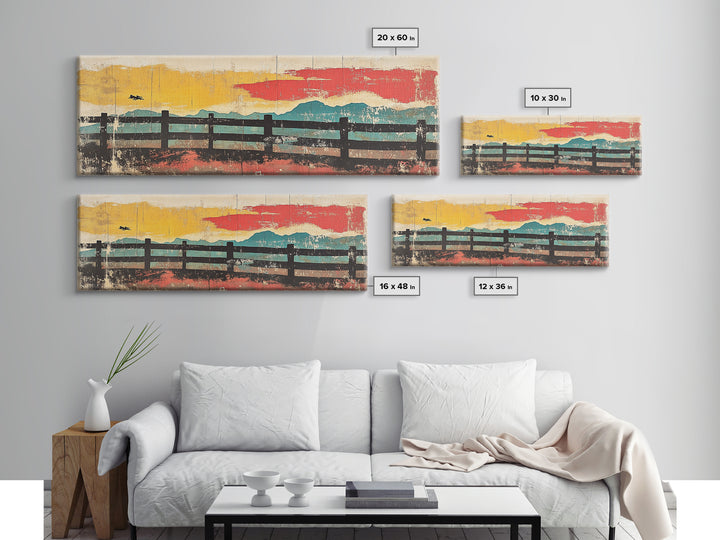 Rustic Fence And Mountain Horizon Wall Art, Abstract Landscape Canvas Print, Mid Century Modern Decor, Horizontal Wall Art