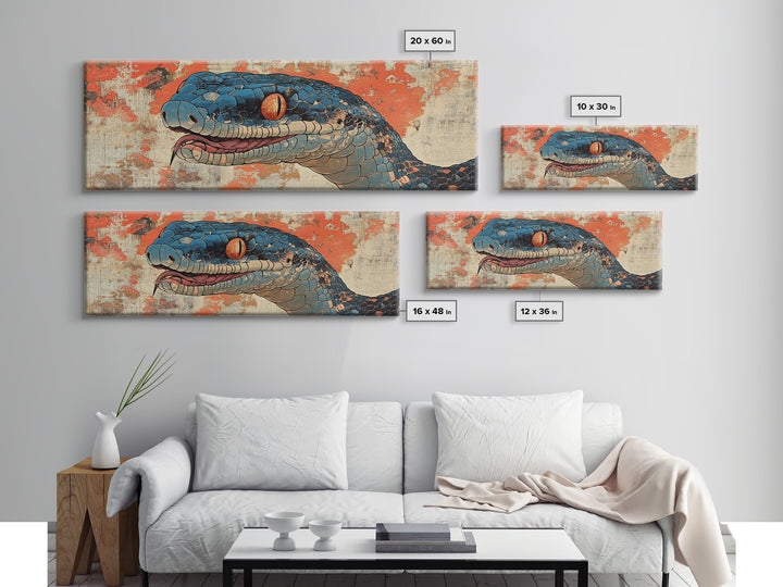 Blue Snake Portrait With Orange Eyes Wall Art, Wildlife Canvas Print, Snake Illustration, Bold Eclectic Home Decor, Statement Wall Art
