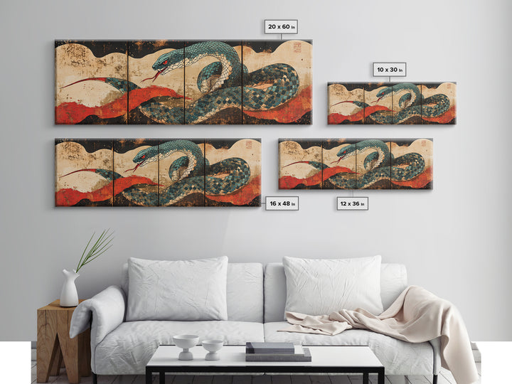 Teal Serpent With Red Sun Waves Wall Art, Japanese Snake Canvas, Ukiyo E Style, Asian Decor, Bold Wildlife Living Room Print