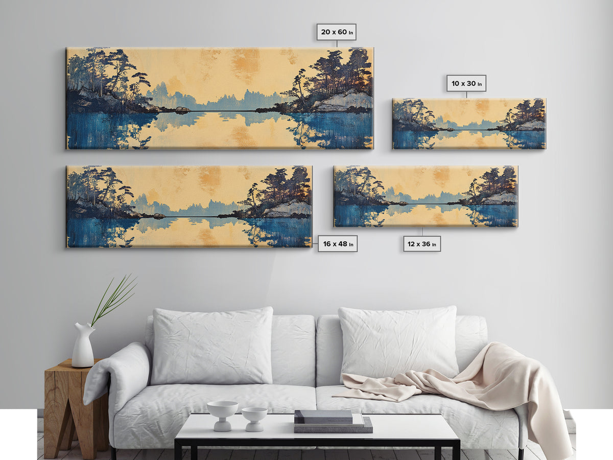 Blue Lake Pine Forest Reflections Canvas Print, Serene Nature Wall Art, Japandi Landscape Decor, Calming Living Room Print