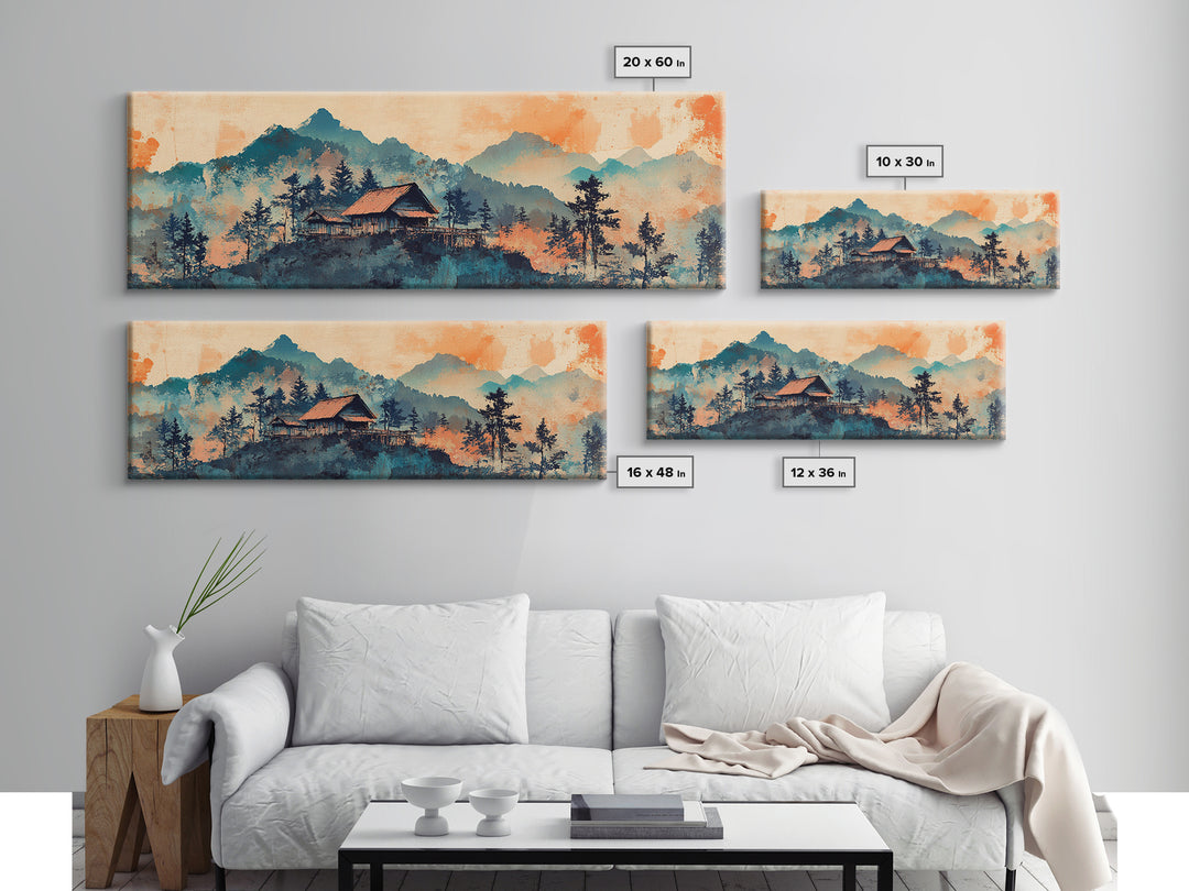 Mountain Cabin At Peach Sunrise Wall Art, Watercolor Landscape Print, Rustic Nature Decor, Cozy Bedroom Living Room Canvas