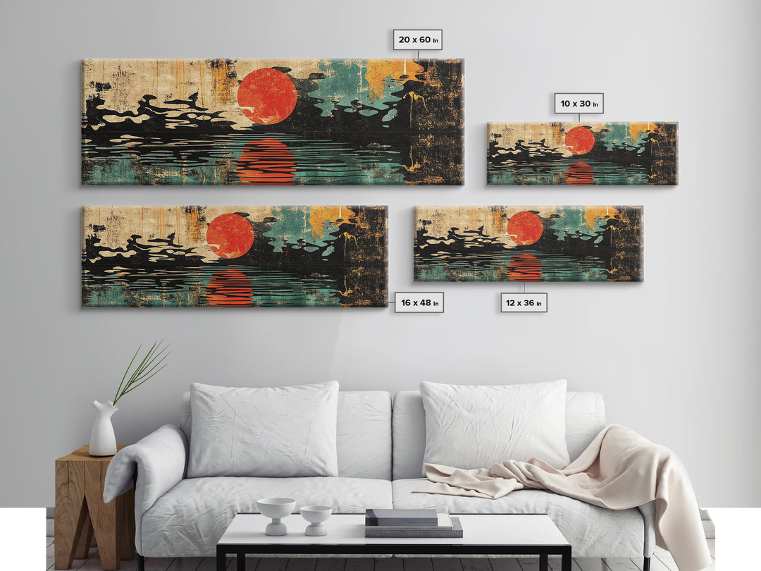 Red Sun Over Black Water Wall Art, Japanese Ink Seascape Print, Minimalist Asian Decor, Bold Modern Living Room Canvas Art