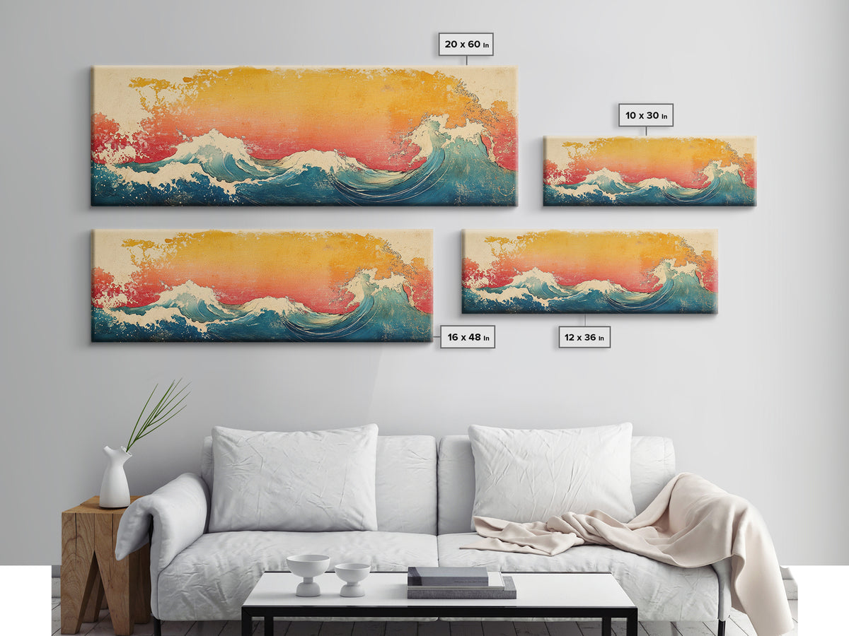 Great Wave At Golden Sunset Canvas Print, Japanese Ocean Wall Art, Hokusai Inspired Coastal Decor, Blue Living Room Print